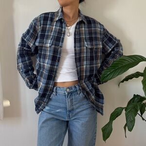 LL Bean 100% Cotton Flannel Blue Multi Color Plaid Button Up Shirt Size Small